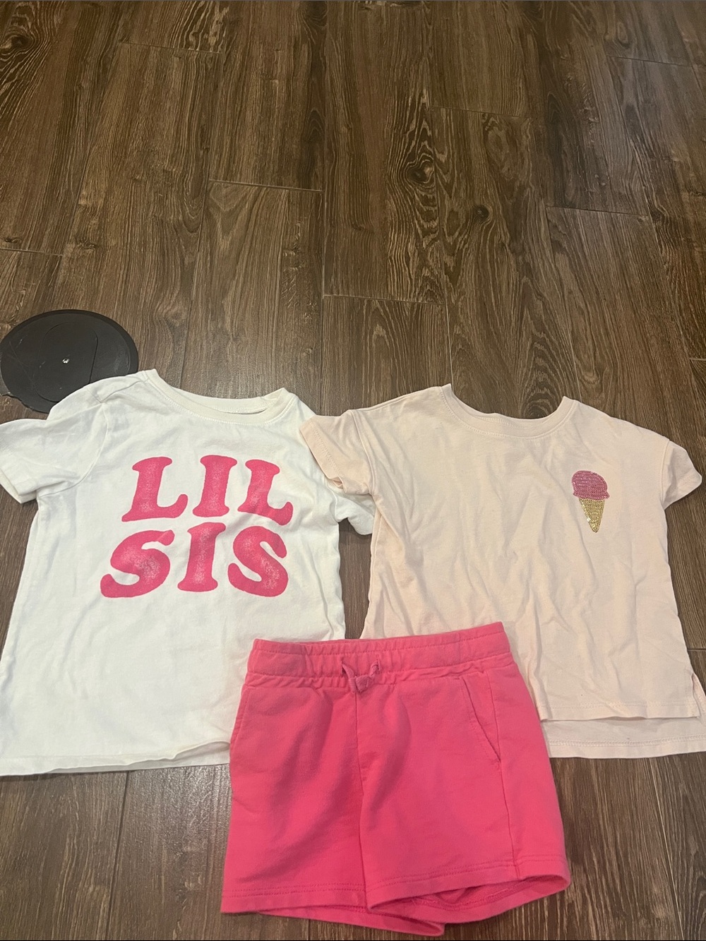 Girls Pink 'Lil Sis' Graphic Tee & Ice Cream Tee Set with Hot Pink Shorts